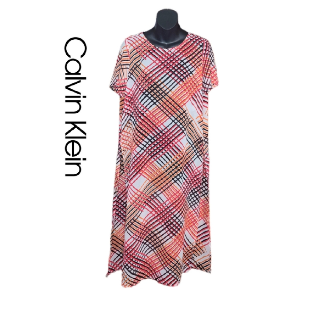CALVIN KLEIN ABSTRACT CHECK LONG SHEER TUNIC - Picture 1 of 5